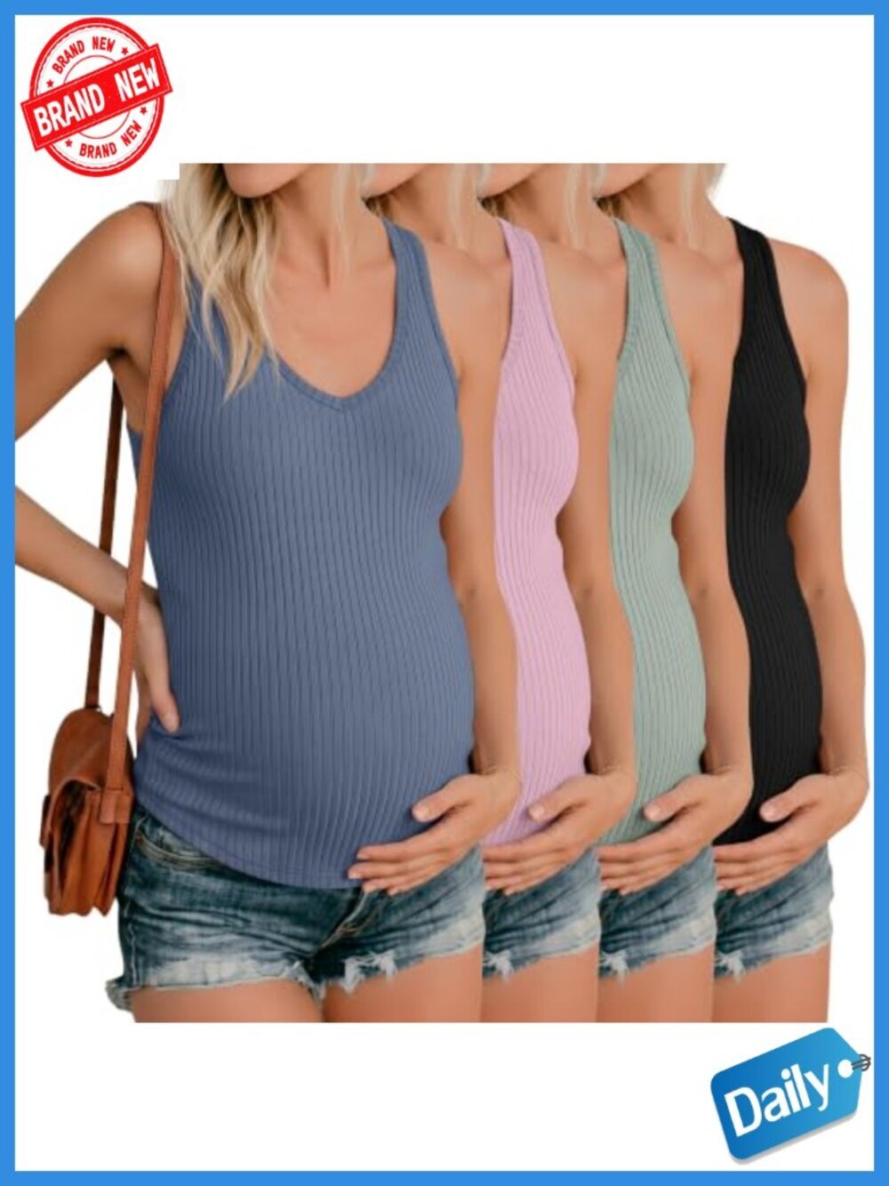 4 Pack Maternity Ribbed Cotton Tank Tops V Neck Sleeveless Summer Pregnancy